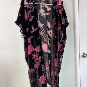 Angie Black Velvet Burnout Floral Kimono Duster Size M – Sheer Boho Layering Pie